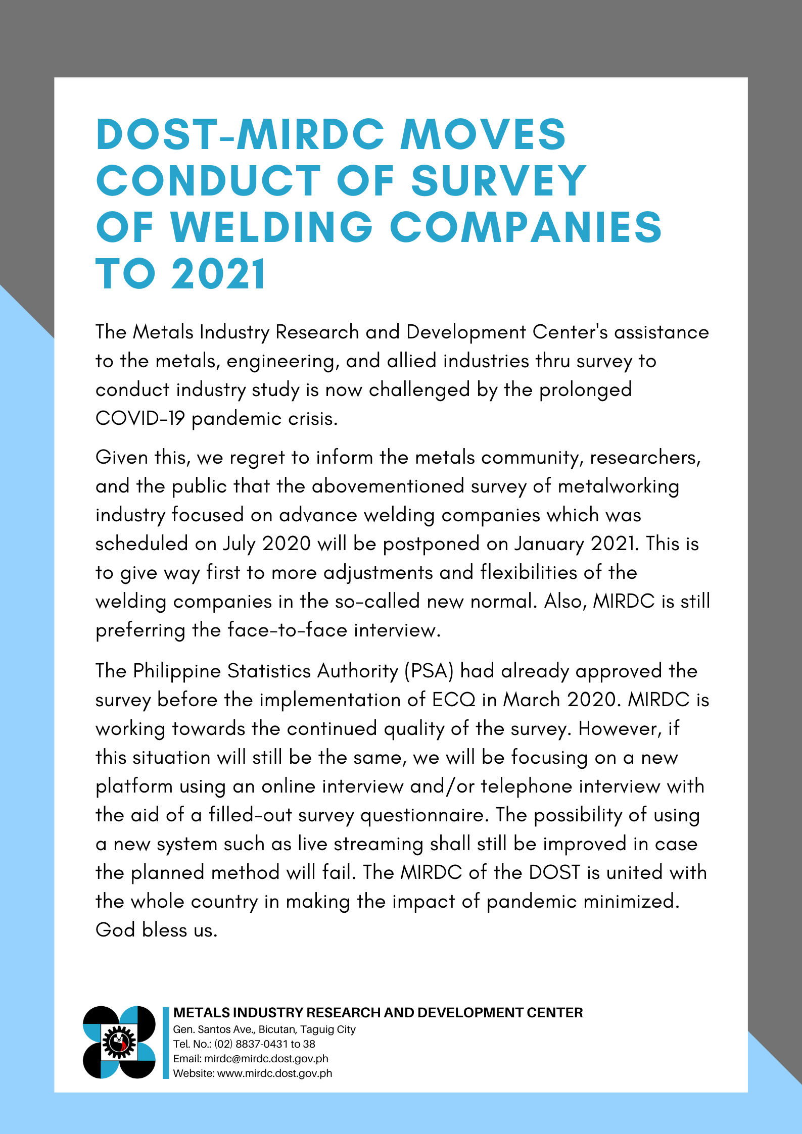 welding survey postponement